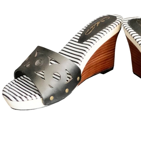 LIA Footwear- Deana Striped Brown Wedge With Interchangeable Strap - Picture 1 of 4